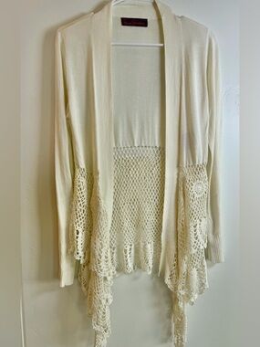 Sweet Sinammon Ivory Cream Crochet Lace Cardigan Boho Open Front